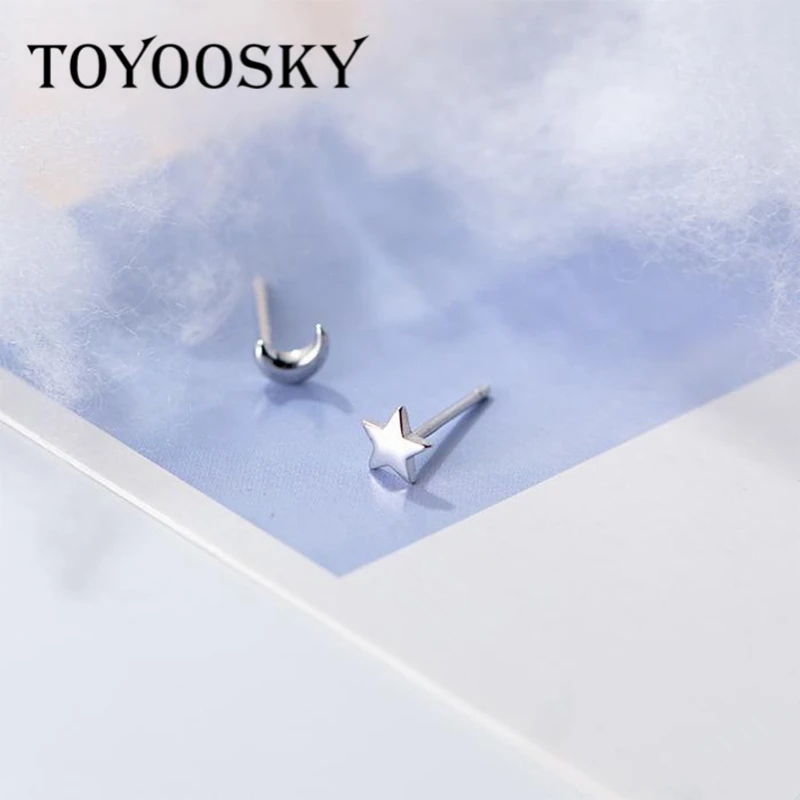 TOYOOSKY 925 пробы серебряные мини 5 мм Лунные звезды асимметричные серьги-гвоздики для женщин романтический подарок для девочек Предотвращение аллергии