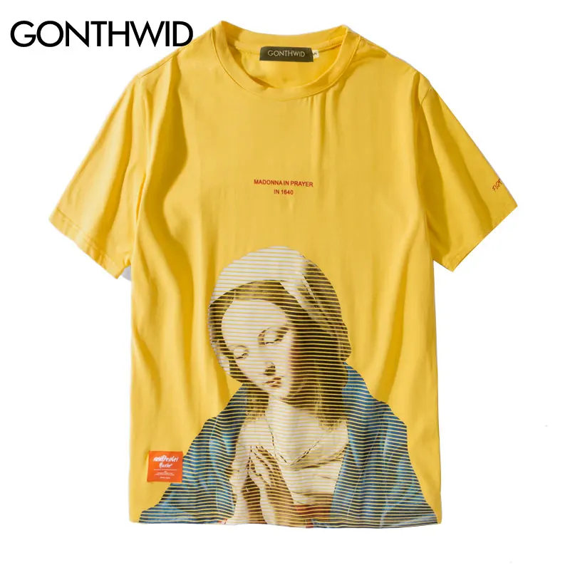

GONTHWID Madonna In Prayer Tshirts Funny Virgin Mary Mens Hip Hop Casual Cotton Short Sleeve T Shirts 2019 Male Streetwear Tees