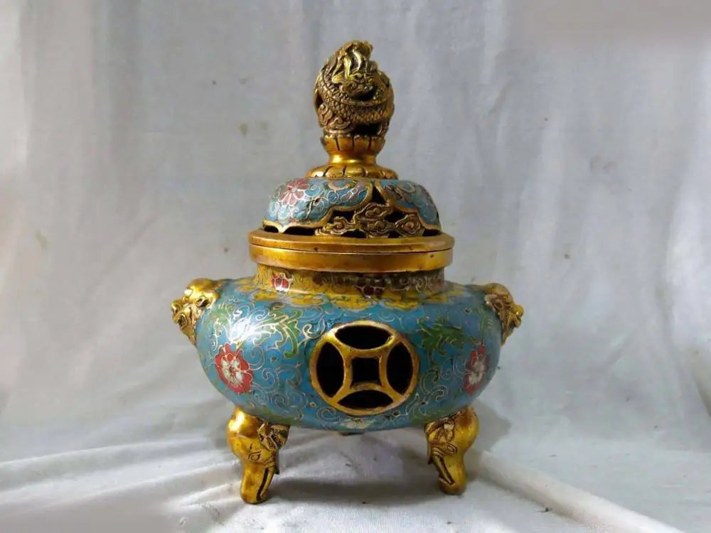 

China bronze gold Cloisonne carved dragon Elephant feet Incense burner censer ST (D0426)