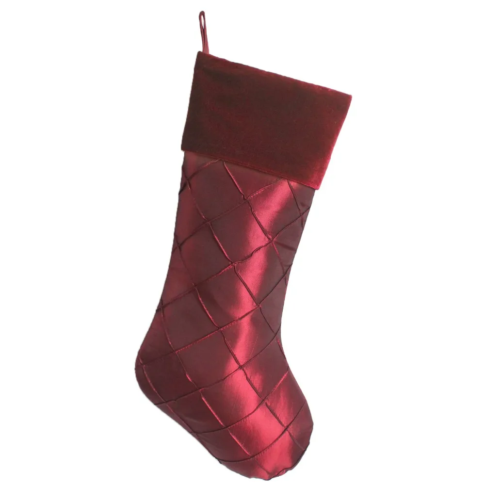 

Free Shipping Faux Silk Diamond Pintuck Body WIth Velvet Cuff decoration Christmas Stocking