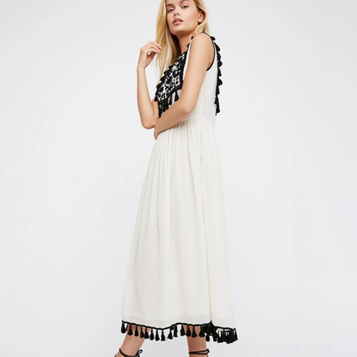Элегантное платье макси kiara, женское летнее платье без рукавов с круглым вырезом и вышивкой, женское пляжное белое длинное платье в стиле хиппи