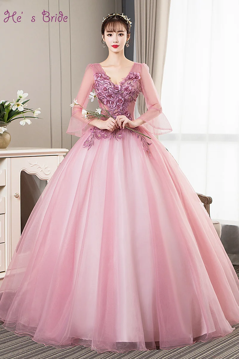 

He's Bride New Embroidery Flower Prom Dress V-neck Sexy Zipper and Lace Up Back Floor-length Party Ball Gowns Robe De Soiree