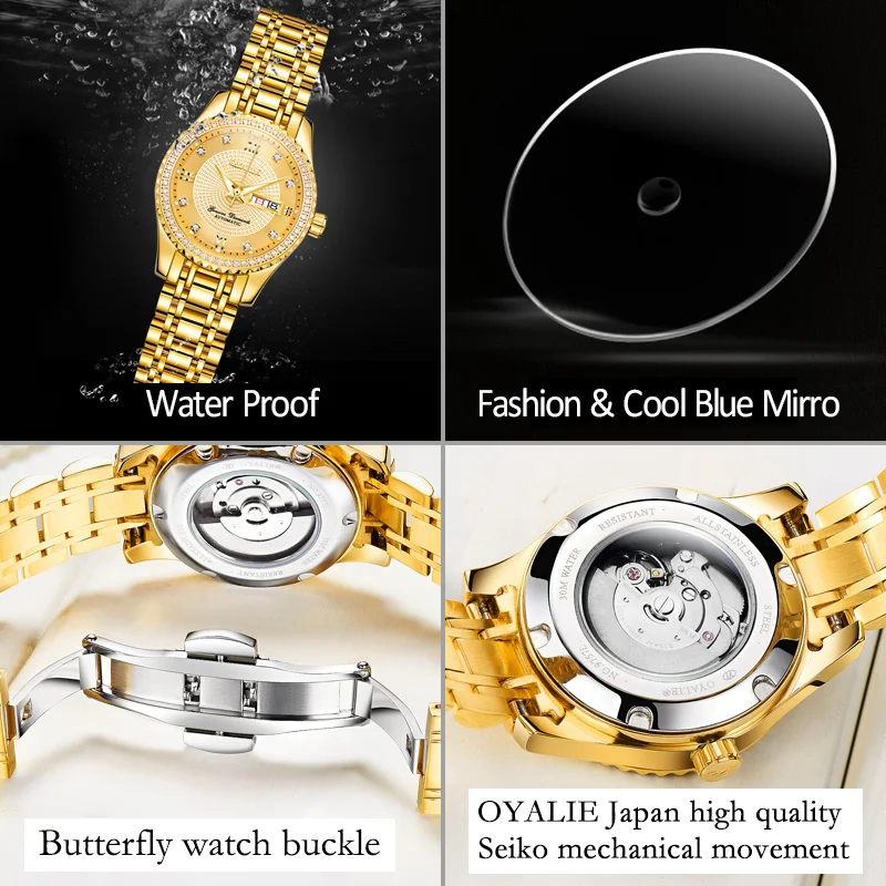 OYALIE Ladies Watch Women Stainless steel Automatic Mechanical Business Luxury Rhinestone Date week Waterproof relogio feminino