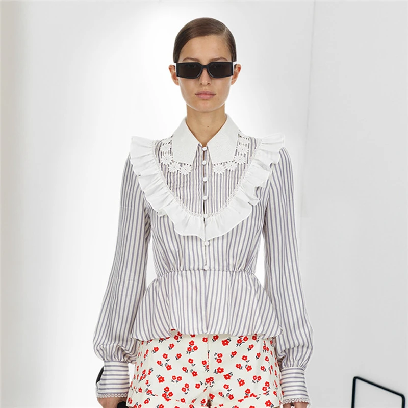 

2019 Self Portrait Designer Blouse Women Vintage Striped Full Sleeve Ruffles Shirt Female Elegant Fashion Tops