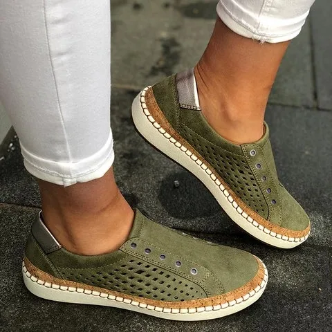 Women Summer Flats Shoe Zapatos Mujer Cut Out Vintage Flock Light Simple Soft Shoe Woman Sapato Chaussure Womans Shoes - Color: green