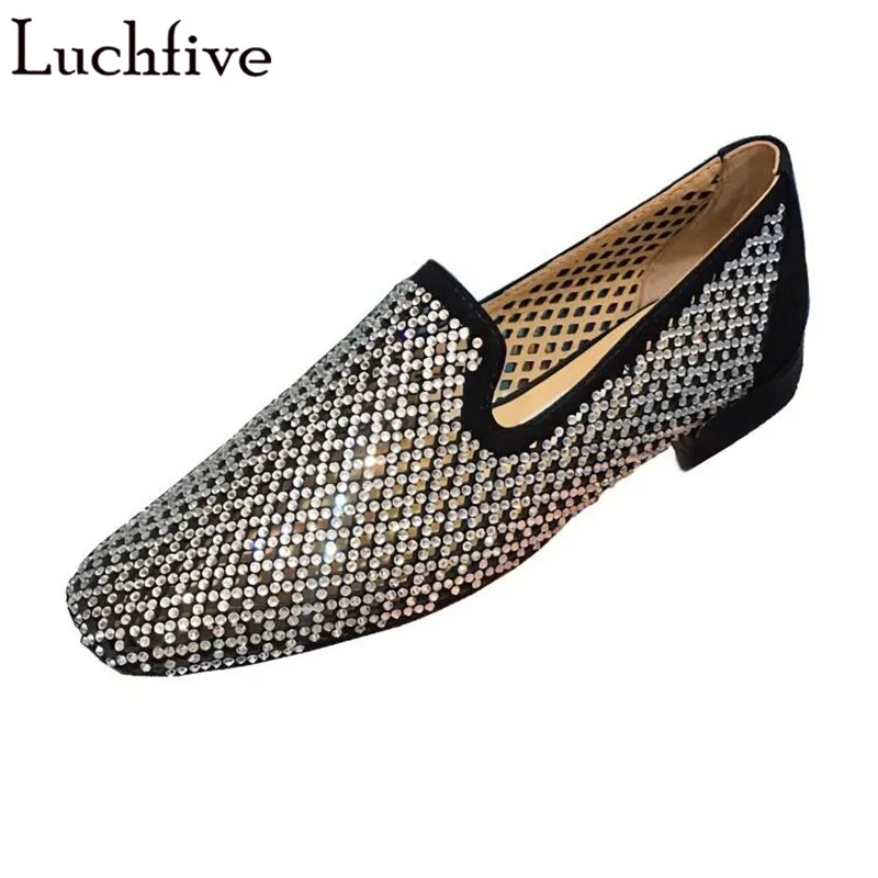 

Sexy Studded Crystals Mesh Flats Round Toe Silver Shoes Woman Low Heeled Slip On Lazy Loafers Leisure Flat Shoes Women