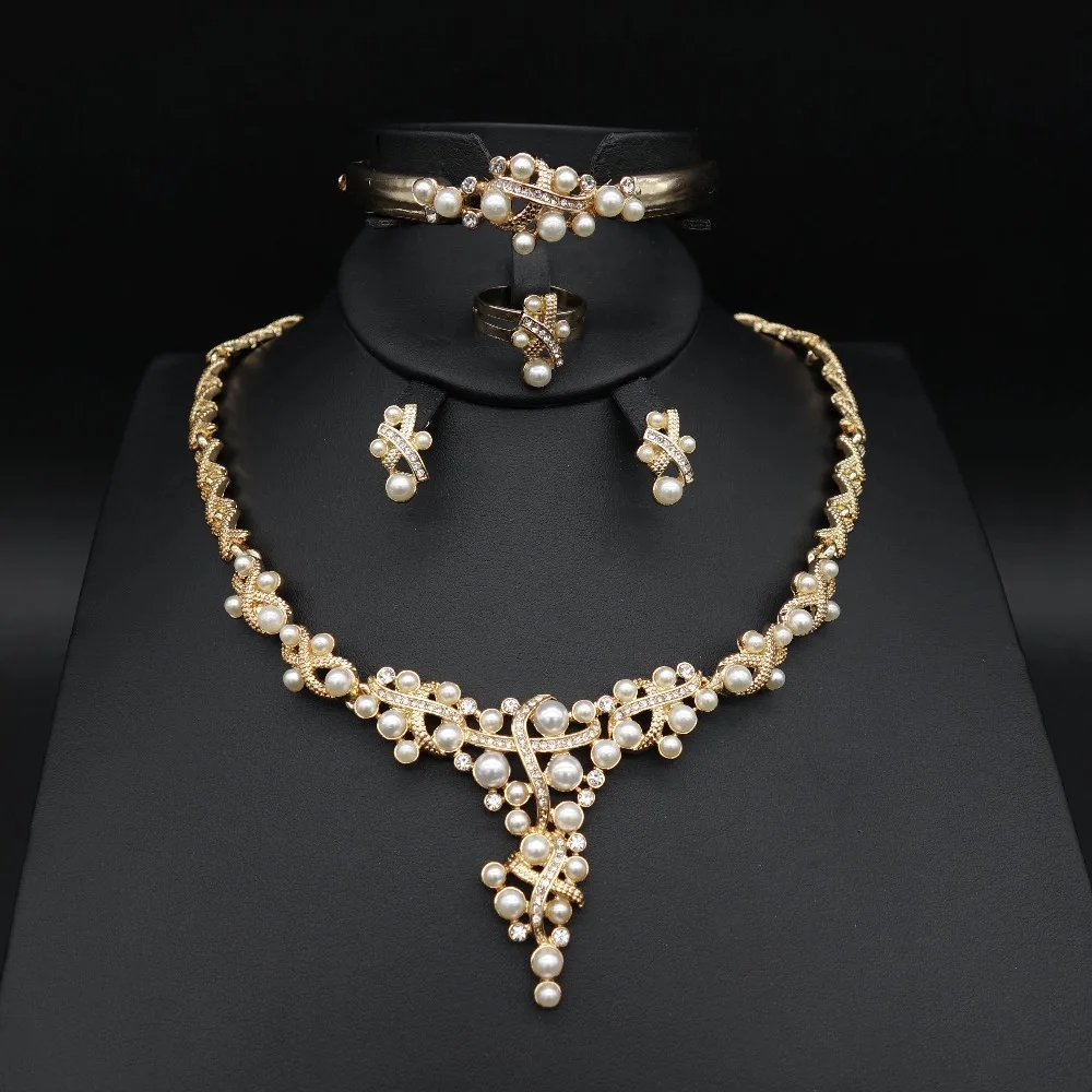 

2019 New Gifts Dubai Africa Nigeria Fashion Wedding Engagement Bride Bridesmaid Gold Color Pearl Jewelry Set