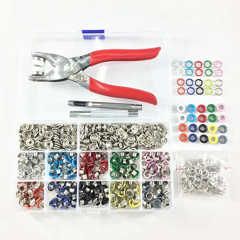 

100sets 10 Colors 9.5mm Prong Snap Baby Buttons Fasten Press Studs Poppers Buckle+200pcs 5mm Eyelets+1pc Plier+1set Eyelets Tool