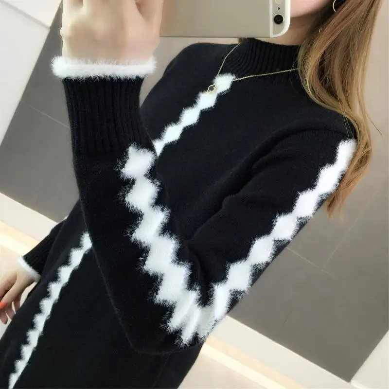 Осень-зима женский свитер пуловер 2019 Новая мода половина водолазка свитер средней длины Теплый трикотаж повседневные женские топы AA555