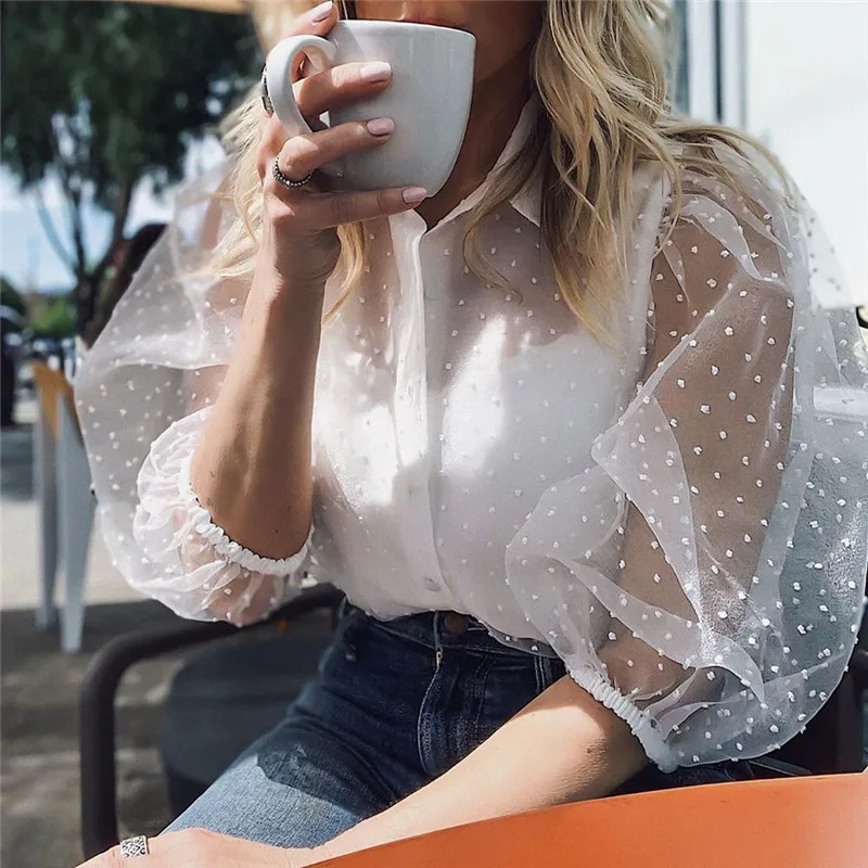 

Fashion Korean Style Women See Through White Lace Mesh Blouses Shirts Sexy Lady Half Sleeve Casual Streetwear Tops Camisas Mujer
