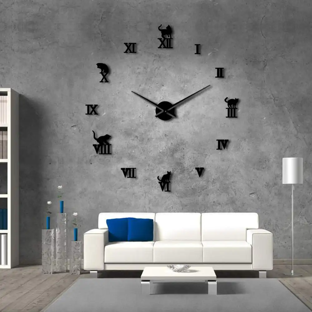 

3D DIY Large Silent Quartz Wall Clock Modern Frameless Home Decor Cat Big Clock Mirror For Bedroom Room Kittens Kitty Decor