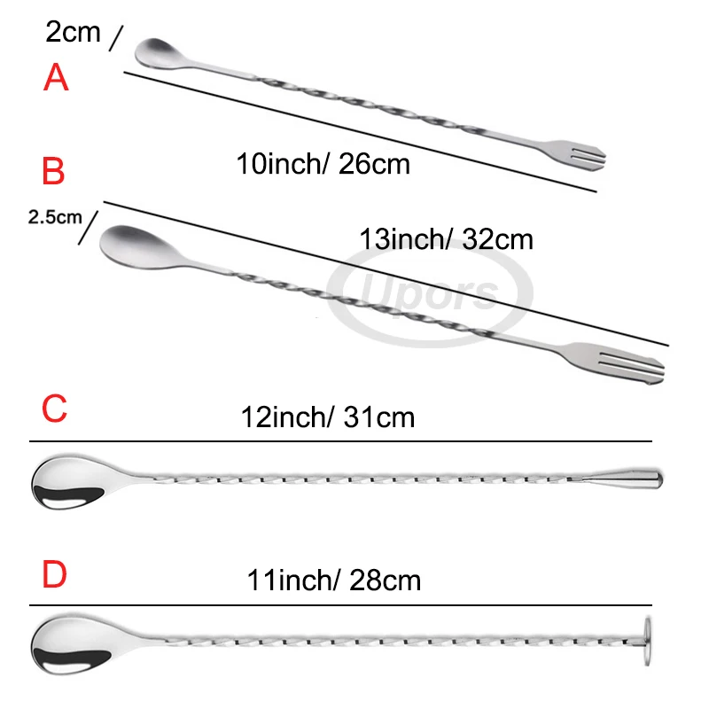 UPORS 10/11/12/13 дюймов 10 шт. Нержавеющая сталь Коктейльная ложка барный пестик шейкер ложка-мешалка инструменты бармена