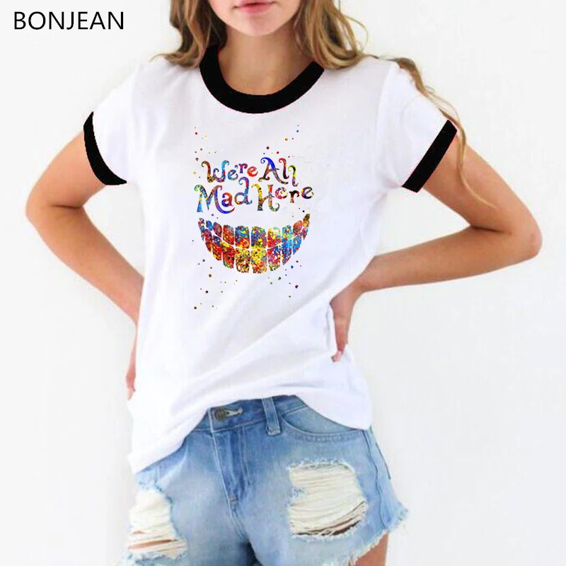 

Watercolor Tooth Funny T Shirt Women We'Re All Mad Here Letter Print Tee Shirt Femme T-Shirts Female Harajuku Kawaii Tshirt