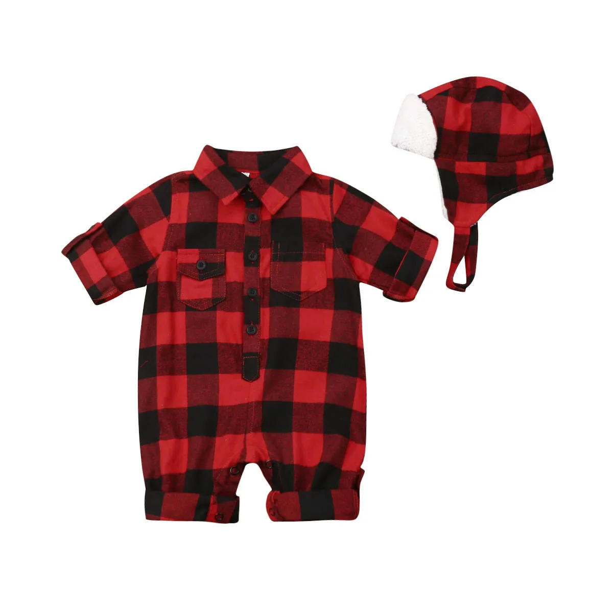 

0-3Y Xmas Newborn Infant Kids Baby Boys Girls Romper+Hats 2pcs Plaid Print Single Breasted Jumpsuits Clothes