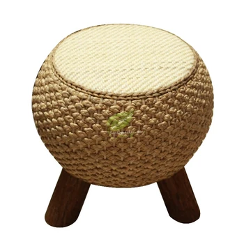 

1 Home Round Rattan Shoe Bench Balcony Seat Stool Solid Wood Sofa Stool Straw Stool Coffee Table Stool with Solid Wood Feet