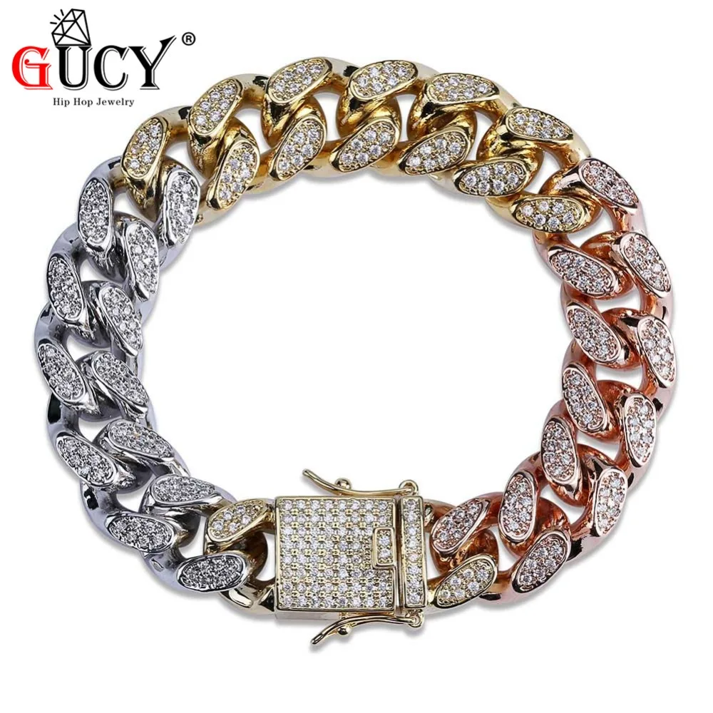 

GUCY Hip Hop Cuban Chain Bracelet Micro Pave CZ Stones Three Colors Tricolor Bling Iced Out Charm Bracelets Jewelry For Men.Gift