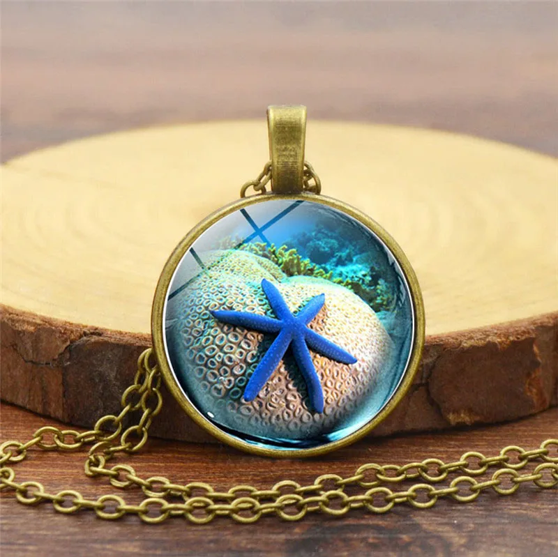 

Summer beach style conch shell starfish pendant necklace vintage bronze color glass cover seaside sea ocean necklace jewelry