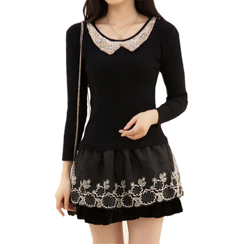 

Sweater Dress Fall Winter New Korean Slim Thin Hot Drill Collar Pullover Bottoming Sweaters Women Long Clothing Vestidos LXJ210