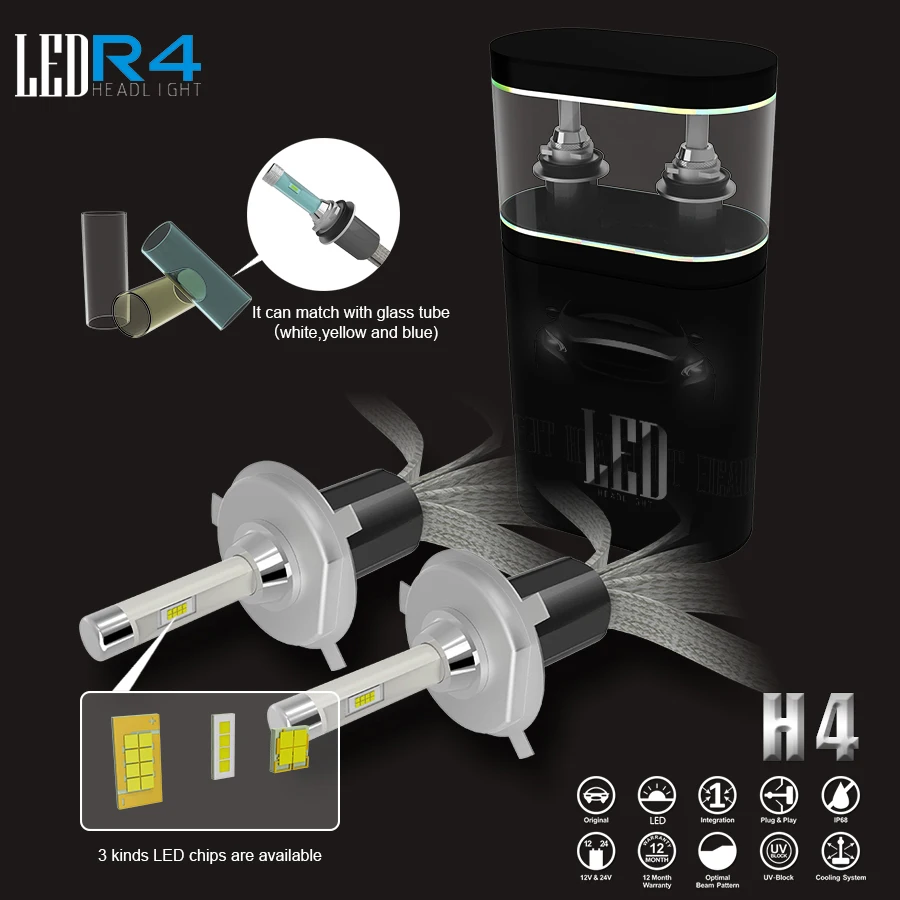 H4 Car Led Headlight High Power Auto H4-3 Hi/lo HB2 9003 High Low 40W X2 White 6000K Bulb Repalcement Hi low Headlamp