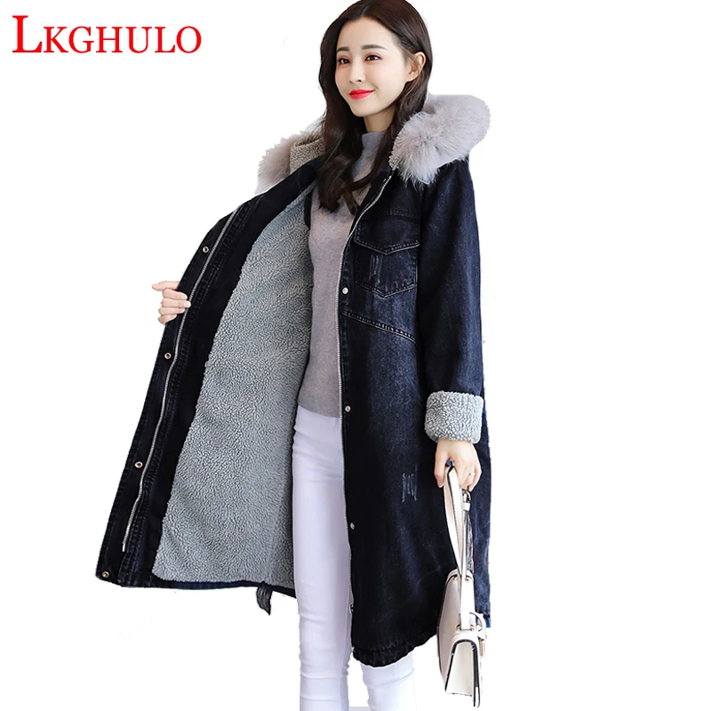 

Plus size long Denim Jackets Women Lamb Parkas Boyfriend Style Thicken Cotton Vintage Jean jacket Loose Winter Denim Coat W547