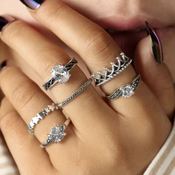 

docona Bohemia Crown Star Ring for Women White Crystal Carved Knuckle Midi Finger Rings set Fashion Jewelry 6pcs/set 4188