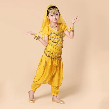 

2018 children belly dance 5 pcs(top+pant+waist chain+bracelet+headdress) indian clothes girls belly dance bollywood costume H011
