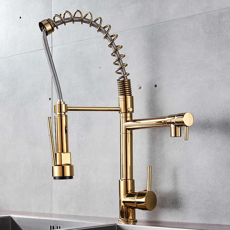 Quyanre Golden Chrome Spring Pull Down Kitchen Faucet Dual Spouts 360 Rotation Single Handle Kitchen Mixer Tap 2 Outlet 2Taps