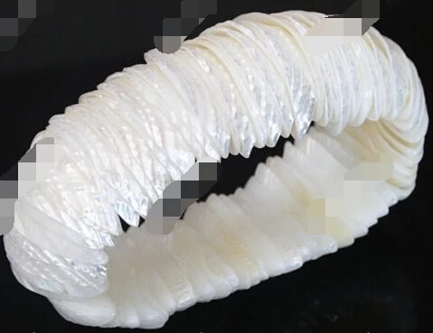 

001859 White Mother Of Charm Pearl Stretch Shell Beads Stripe Shell Bangle Bracelet Natural >>free shipping