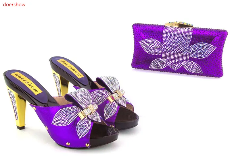 

doershow Latest Purple Color Shoes and Bag Set Decorated with Rhinestone High Quality Matching Italian Shoe and Bag Set GO1-11