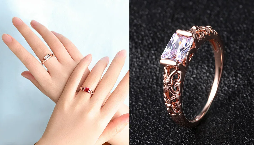 X&P Cute Rose Gold Silver Big Red White Crystal Rings for Women Engagement Wedding Fashion Cubic Zirconia Women Ring Jewelry