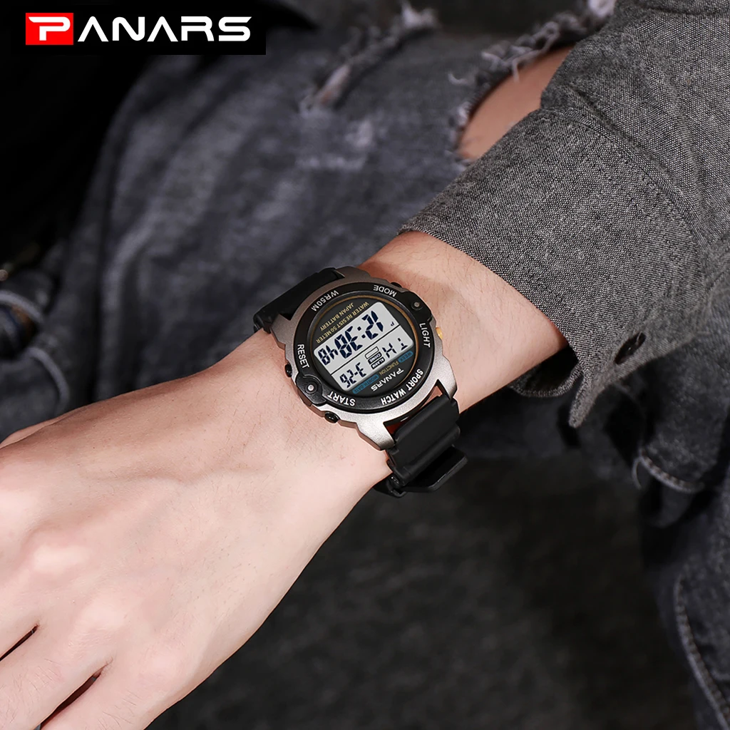 PANARS Outdoor Sports Watch Digital Watches Mens Waterproof Alarm Clock 5Bar LED Black Fashion Watch Mens Chronograph Watch