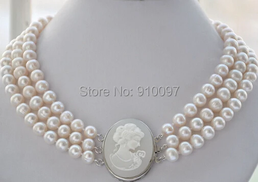 

LHX54013>>>3row 19" 10mm WHITE ROUND FRESHWATER PEARL NECKLACE