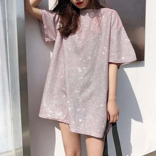 

Korea Ulzzang Women O-Neck Short Sleeve T-shirt New Fashion Loose Bright Silk Summer T Shirt Casual Shiny Basic Women Party Tops