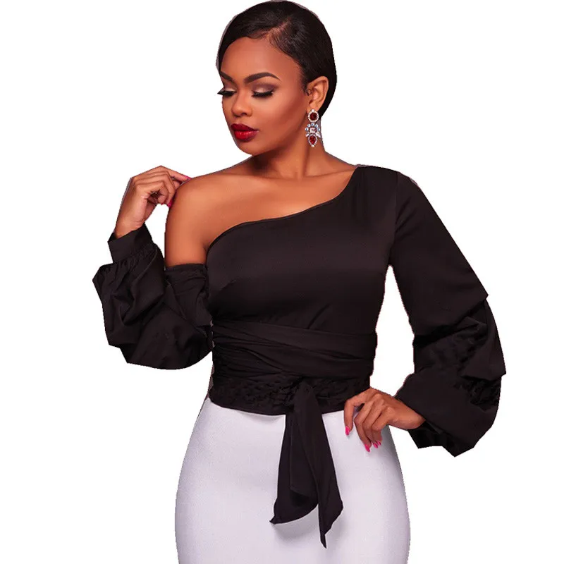 Women Sexy Skew Collar One Shoulder Blouse Shirt 2017 Ladies Slim Off
