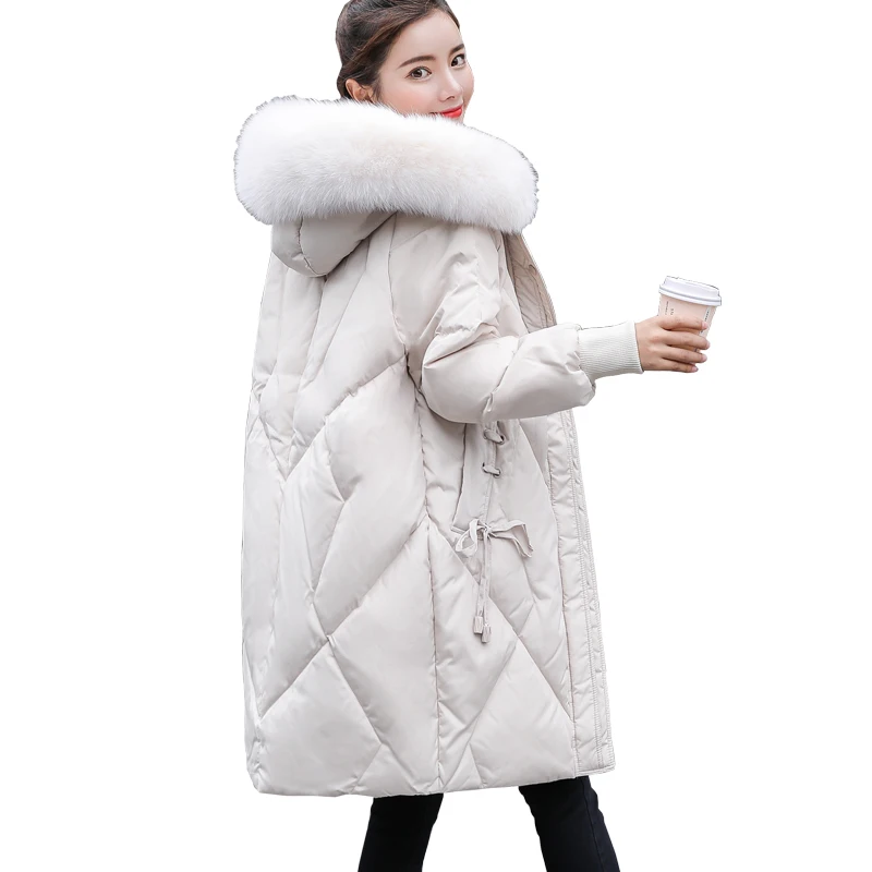 

Winter jacket women 2019 new warm plus thick Oversized fox fur collar hooded coat fashion lacing female Plus size down jacket
