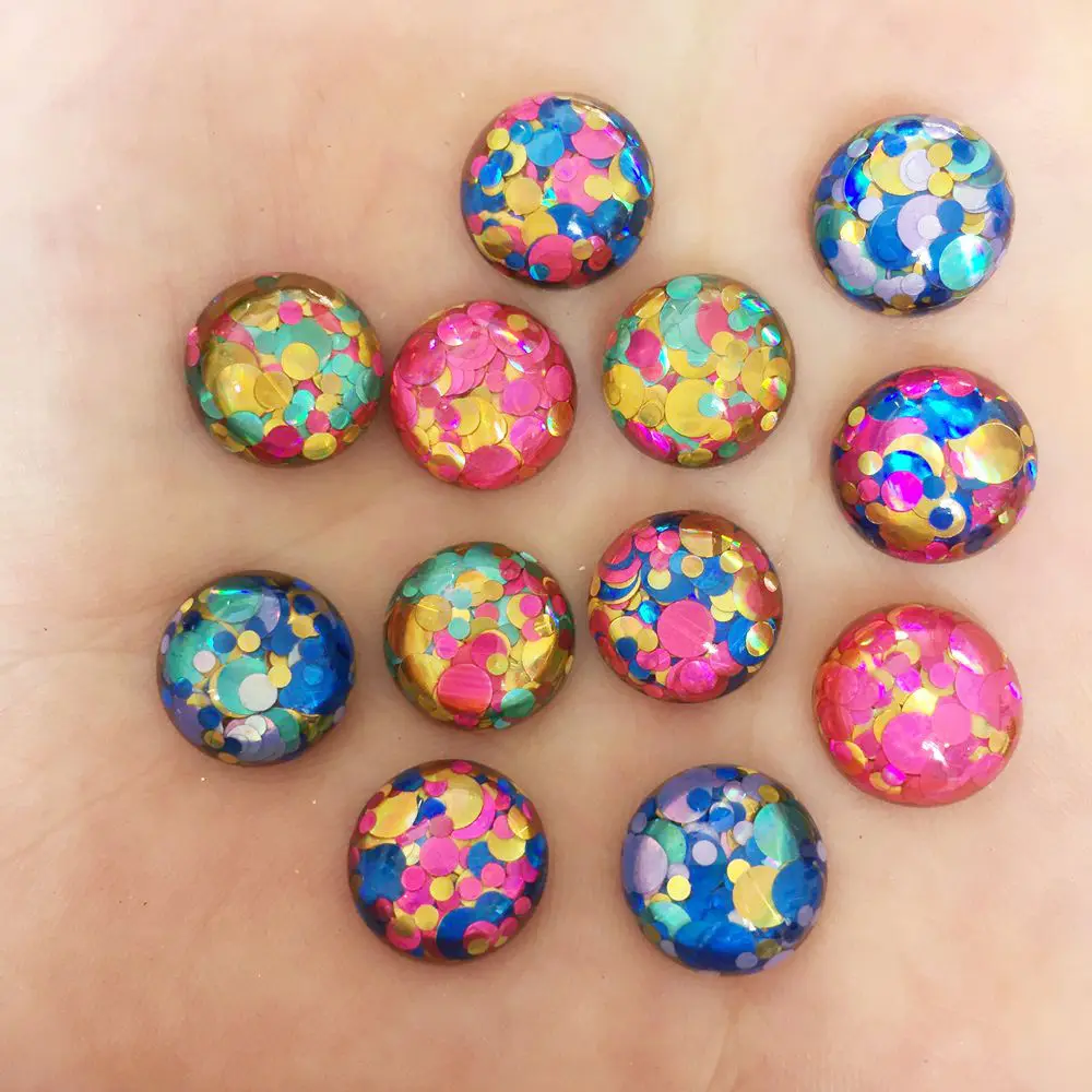 

New 40pcs 12mm Resin Filled Glitter Colorful Crystal Convex Round Flat Back Rhinestone Applique DIY Wedding Ornament Craft W85