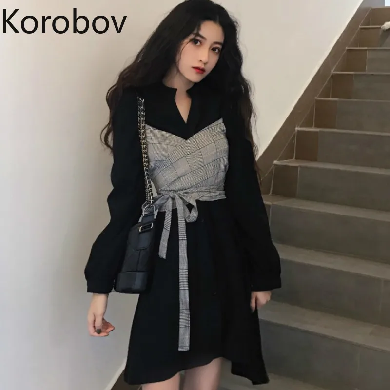 

Korobov 2019 New Arrival Elegant Plaid Patchwork Women Dresses V-Neck Long Sleeve Lacing Korean Vintage Summer Dress 77347