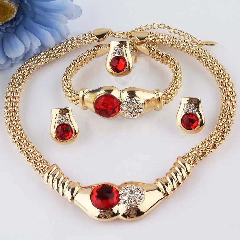 

New Trendy Clear Austrian Crystal Red Garnet Necklace Bracelet Earrings Ring Jewelry Sets For Women Free Shipping