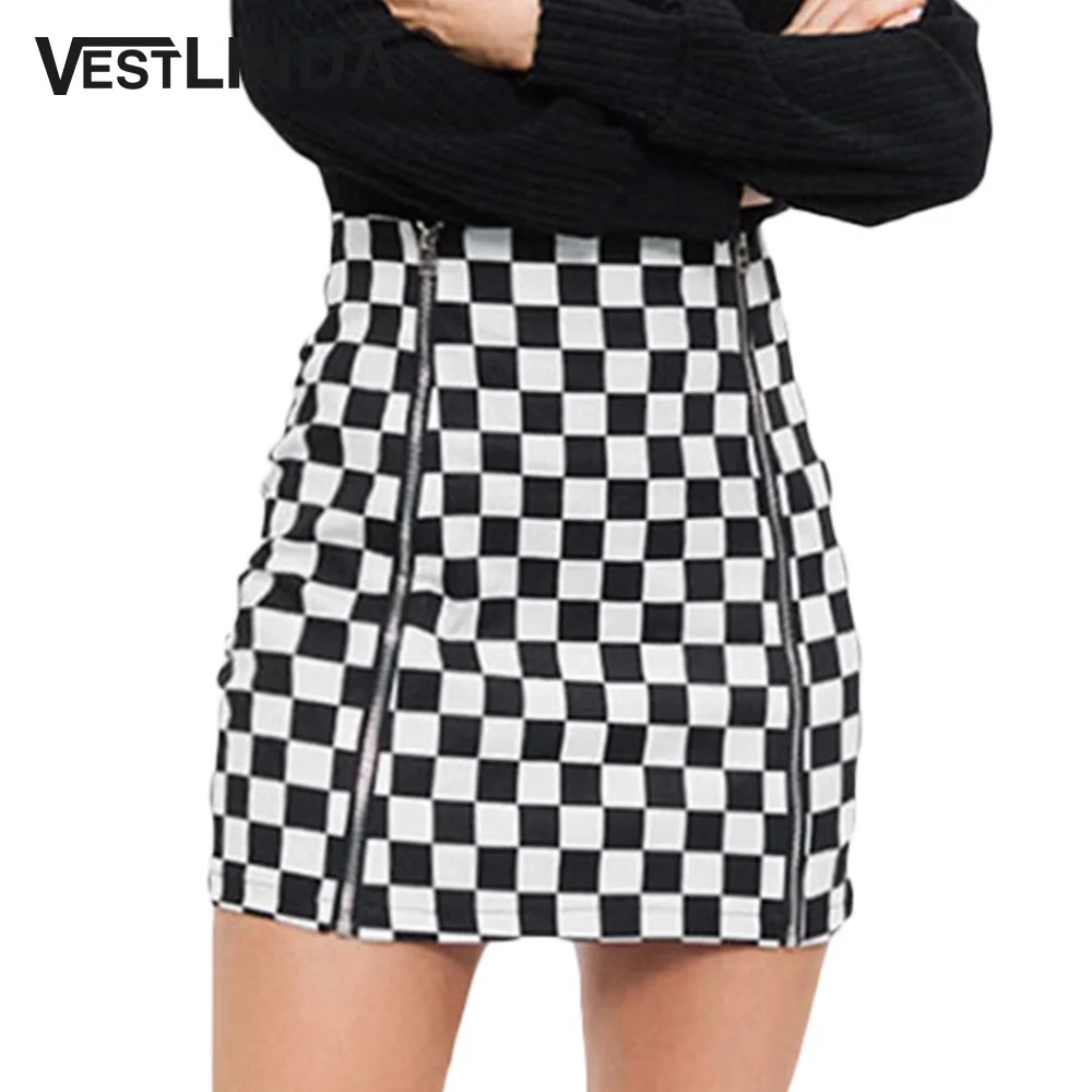 Клетчатая мини юбка VESTLINDA с высокой талией и молниями 2019|Юбки| |