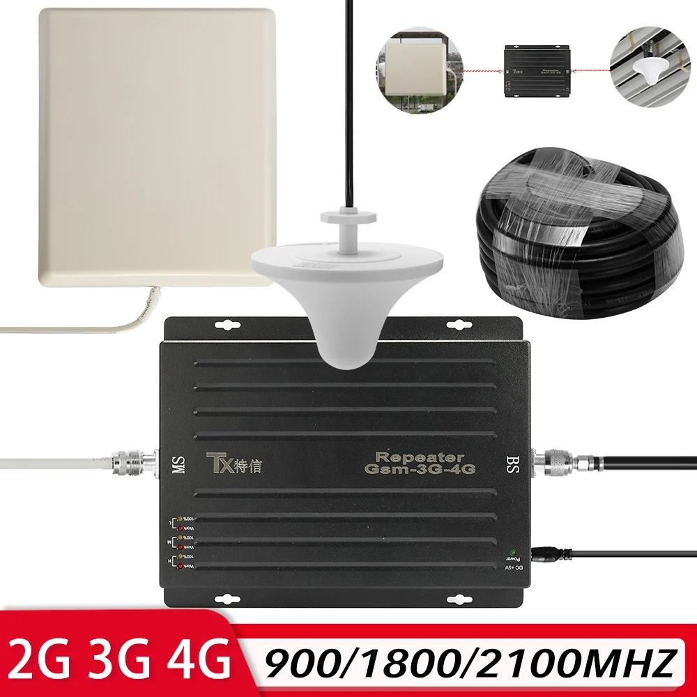 

100-240V High Power Coverage Signal Booster Tri Band Amplifier GSM DCS WCDMA Universal Mobile Phone Intelligent Repeater Kit