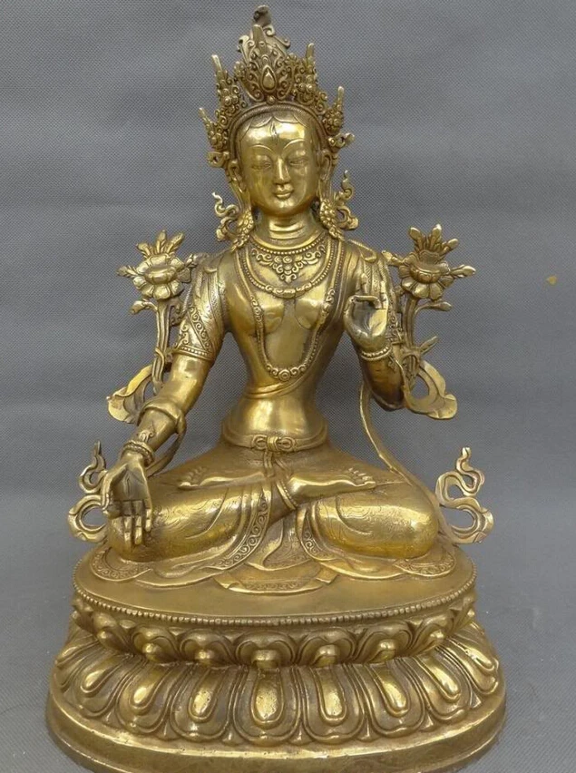 

S5073 13" Tibet Bronze Gilt Buddhist Protect 7-Eyes White Tara Statue Lotus Goddess D0318