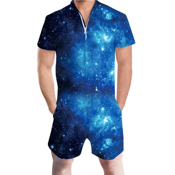 

2020 Hign Quality 3d Print Mens Romper Galaxy Space Male Single Breasted Jumpsuit Cargo Short Pants Trousers Overalls Dropship