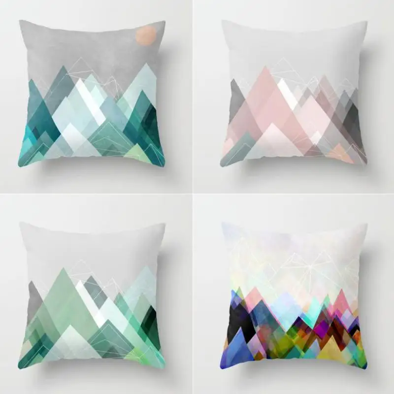 

New Arrival Color Mountain Sun Pillow Geometric Print Cojines Yellow Geometric Decorative Short Plush Soft Cushion Good Print