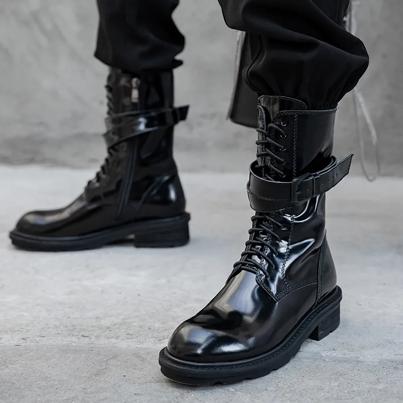

YMECHIC Motorcycle Combat Boots Women 2019 Autumn Round Toe Lace-up Patent Cow Leather Buckle Ankle Booties Ladies Shoes Women
