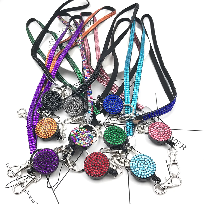 

Neck Bling Rhinestone Lanyard Retractable Strap ID Badge Reel Phone Key Holder Sweater Chain Pendant Necklace long