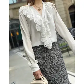 

Fashion Women Blouses Elegant Luxury Lace Ruffles Tops Sexy V-neck 2018 Summer Female Shirts Casual Office Lady Top White New