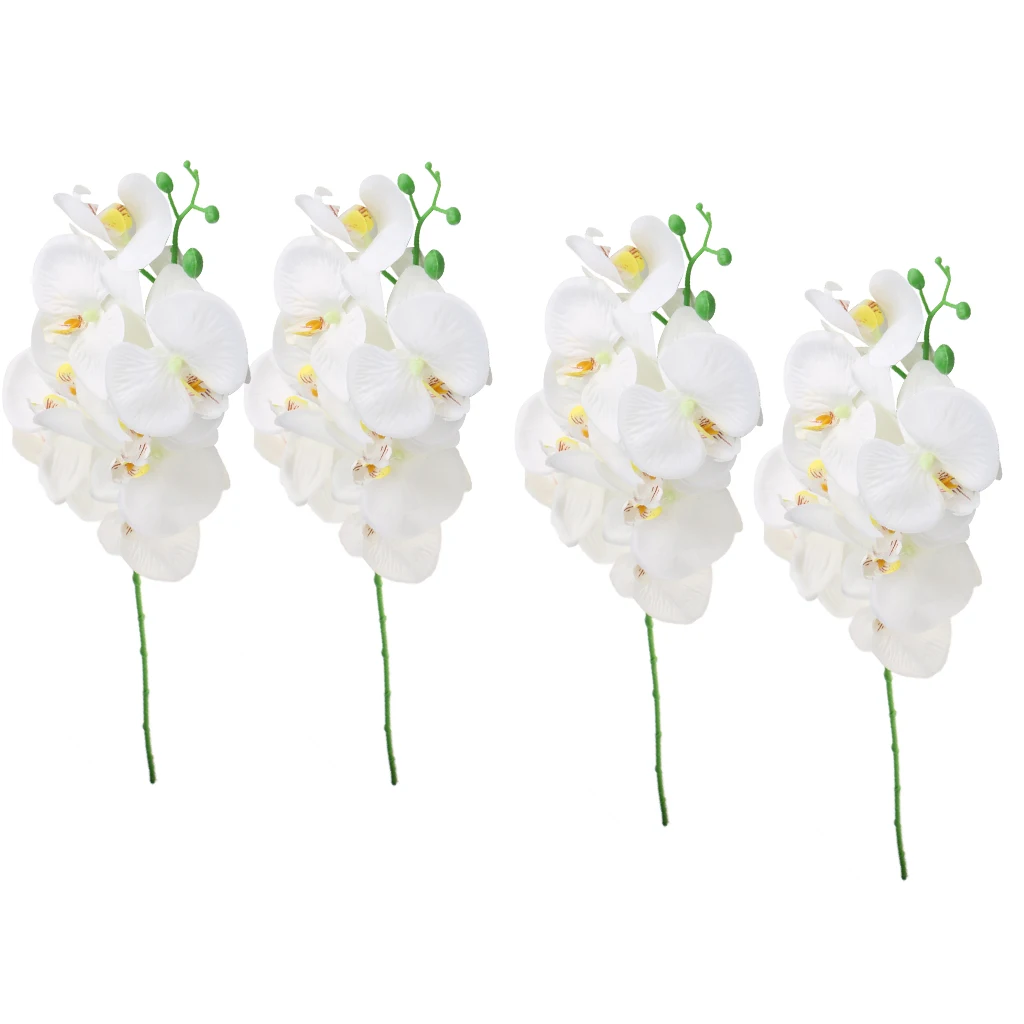 Pack 4pcs Vivid Artificial Plants White Phalaenopsis 9-Head Orchid Flowers Bunches, 93cm Long