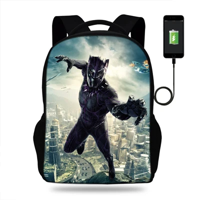 16-дюймовый шпилька для Лидер продаж Черный пантера рюкзак для Мужские Женские принт супергероев USB Зарядное устройство сумка с вышивкой для девочек-подростков, для мальчиков, школьные сумки для детей - Цвет: N16K2255