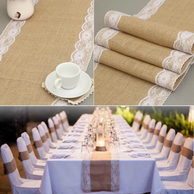 

Vintage Burlap Hessian With Lace Tablecloth Dining Table Cover Home Christmas Table Jute Cloth Rustic Wedding Decoration