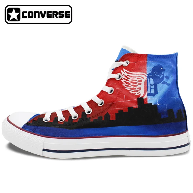 Cheap Unique Original Converse All Star Men Women Shoes USA Detroit Skyline Red Wings Tigers Design Custom Hand Painted Sneakers